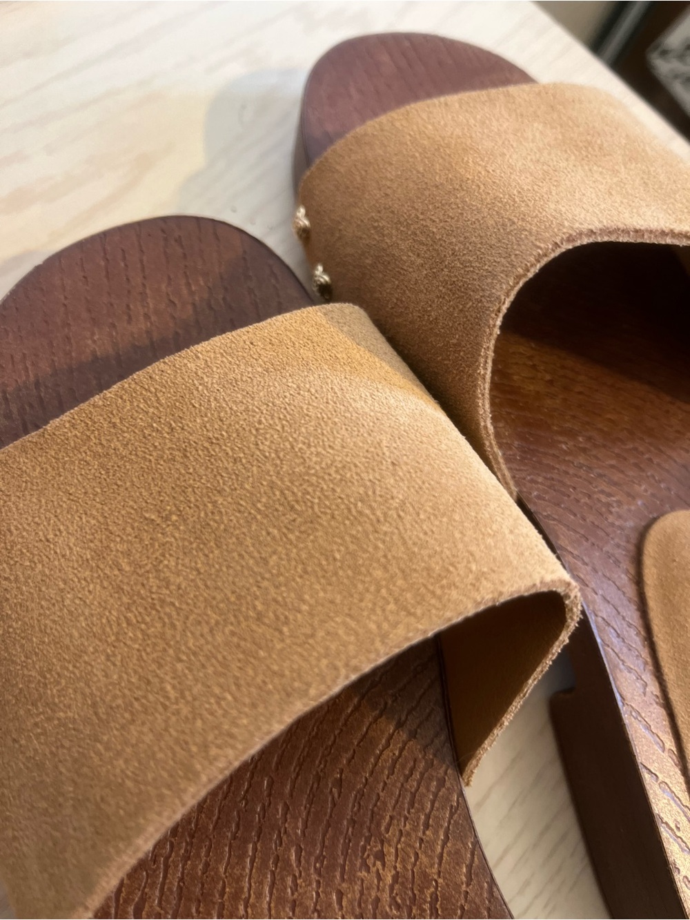 Splendid Tan Suede Slide Mules with Gold Stud Accents - Picture 8 of 8